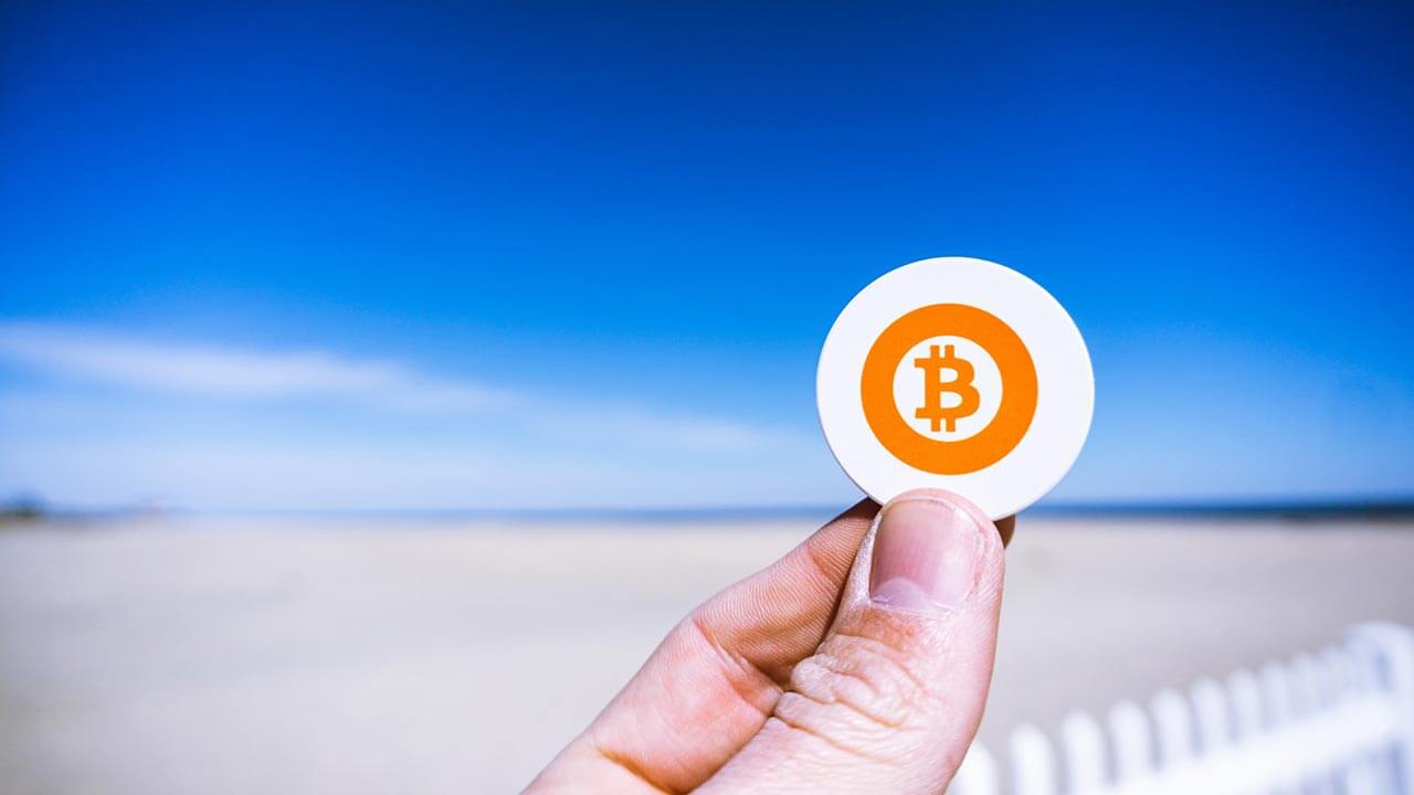person holding a bitcoin on a beach